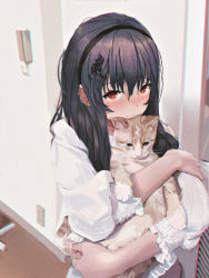Rule 34 | 1girl, animal, animal hug, black hair, black hairband, blush, brown cat, cat, cat hair ornament, chromatic aberration, closed mouth, commentary request, electrical outlet, embarrassed, film grain, from above, hair between eyes, hair ornament, hairband, hairclip, highres, indoors, kimi to kanojo to kanojo no koi., long hair, long sleeves, looking at viewer, puffy long sleeves, puffy sleeves, red eyes, revision, shirt, smile, solo, sone miyuki, tifg39, upper body, white shirt