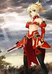 Rule 34 | 1girl, bandeau, blonde hair, braid, clarent (fate), detached collar, detached sleeves, fate/apocrypha, fate/grand order, fate (series), green eyes, holding, holding sword, holding weapon, konoe ototsugu, long hair, mordred (fate), mordred (fate/apocrypha), navel, no panties, official art, resized, smile, solo, sword, thighhighs, upscaled, waifu2x, weapon