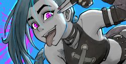 Rule 34 | 1girl, arcane: league of legends, arcane jinx, arm tattoo, asymmetrical bangs, bare shoulders, bent over, blue background, cloud tattoo, crop top, female focus, finger gun, finger gun to head, jinx (league of legends), kawa-v, league of legends, long hair, looking at viewer, pink eyes, solo, tattoo, teeth, tongue, tongue out, upper teeth only