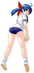 Rule 34 | 1girl, ahoge, alternate costume, ass, ball, blue eyes, blue hair, bow, buruma, fatal fury, futaba hotaru, garou: mark of the wolves, gym uniform, hair bow, kneepits, legs, long hair, looking back, matching hair/eyes, mizuki gyokuran, open mouth, shoes, simple background, snk, socks, solo, the king of fighters, twintails, volleyball, volleyball (object)