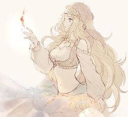 Rule 34 | 1girl, blonde hair, breasts, cleavage, cowboy shot, dancer, fire, jewelry, long hair, lynette (octopath traveler), medium breasts, midriff, navel, necklace, octopath traveler, octopath traveler: champions of the continent, solo, very long hair, wspread