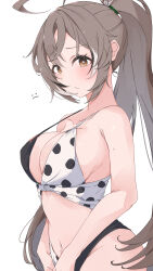 Rule 34 | 1girl, absurdres, ahoge, arms at sides, bikini, blush, breasts, bright pupils, brown eyes, brown hair, chillout tang, cleavage, closed mouth, colored tips, cowboy shot, from side, highres, hololive, hololive english, long hair, looking at viewer, medium breasts, multicolored hair, nanashi mumei, navel, polka dot, ponytail, simple background, solo, strap gap, swimsuit, tareme, very long hair, virtual youtuber, white background