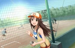 Rule 34 | 1girl, :d, artist request, baseball cap, blush, brown hair, can, green eyes, hair ornament, hairclip, hat, highres, himekawa yuki, idolmaster, idolmaster cinderella girls, idolmaster cinderella girls starlight stage, jewelry, long hair, necklace, official art, open mouth, smile, solo, tank top, wristband