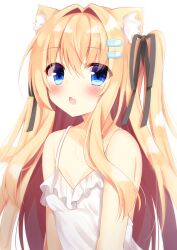 Rule 34 | 1girl, animal ears, bare shoulders, black ribbon, blue eyes, blush, breasts, brown hair, cat ears, cat girl, dress, fang, hair ornament, hair ribbon, hairclip, highres, hiragana iroiro, long hair, looking at viewer, open mouth, original, ribbon, simple background, skin fang, small breasts, solo, spaghetti strap, two side up, upper body, white background, white dress