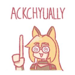 Rule 34 | 1girl, animal ears, arknights, blonde hair, ceobe (arknights), coke-bottle glasses, cropped torso, dog ears, dog girl, glasses, justyoki, open mouth, pointing, pointing up, simple background, white background