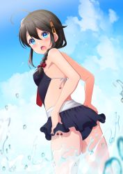 Rule 34 | 1girl, ahoge, ass, back, bad id, bad pixiv id, bare shoulders, beach, black hair, blue eyes, blue sky, blush, braid, breasts, cloud, commentary request, day, hair between eyes, hair flaps, hair ornament, hair over shoulder, hair ribbon, hairclip, ittokyu, kantai collection, looking at viewer, looking back, medium breasts, ocean, open mouth, outdoors, ribbon, shigure (kancolle), shigure kai ni (kancolle), single braid, sky, solo, standing, swimsuit, swimsuit skirt, water