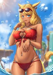 Rule 34 | 1girl, :o, andonoz, animal ears, warrior of light (ff14), bare shoulders, bikini, blonde hair, blue eyes, blue sky, bracelet, breasts, cat ears, cat girl, cat tail, cleavage, cleavage cutout, cliff, clothing cutout, cloud, collarbone, dark-skinned female, dark skin, day, earrings, eyewear on head, facial mark, final fantasy, final fantasy xiv, finger to mouth, floral print, frills, gluteal fold, groin, halterneck, highres, in water, jewelry, large breasts, layered bikini, looking at viewer, miqo&#039;te, multiple straps, navel, navel piercing, open mouth, outdoors, palm tree, piercing, red bikini, silver bikini, sky, smile, solo, splashing, string bikini, sun, sunglasses, sunlight, swimsuit, tail, thighs, tree, wading, water, water drop, waterfall