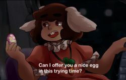 Rule 34 | 1girl, :d, animal ears, brown hair, buck teeth, carrot necklace, commentary, dress, easter egg, egg, english text, frank reynolds, holding, inaba tewi, it&#039;s always sunny in philadelphia, jewelry, kia (rnarch-hare), lowres, meme, necklace, open mouth, pink dress, rabbit ears, red eyes, sitting, smile, solo, subtitled, teeth, thick eyebrows, touhou