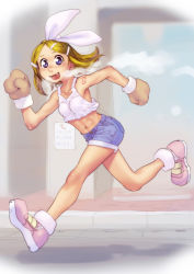 Rule 34 | 1girl, :d, arms up, arrow (symbol), blonde hair, blue eyes, blue shorts, body writing, bow, breasts, breath, brown gloves, commentary request, crop top, day, denim, denim shorts, fang, full body, gloves, hair bow, hair ornament, hairclip, highres, kagamine rin, leaning forward, looking at viewer, navel, open mouth, outdoors, paper, parted bangs, pink footwear, road, running, shirt, shoes, short hair, shorts, sidewalk, small breasts, smile, solo, soon (c-u-soon), stomach, sunlight, sweatdrop, tape, toned, translation request, vocaloid, white bow, white shirt