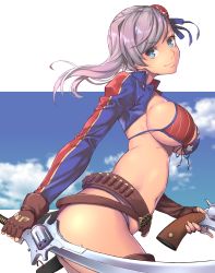 Rule 34 | &gt;:), 1girl, absurdres, american flag bikini, belt, bikini, blue eyes, blue ribbon, blue sky, breasts, brown gloves, bun cover, closed mouth, cloud, cowboy shot, day, dual wielding, fate/grand order, fate (series), fingerless gloves, flag print, from side, front-tie bikini top, front-tie top, gloves, gun, hair ribbon, highres, holding, holding gun, holding sword, holding weapon, huge filesize, large breasts, long hair, long sleeves, looking at viewer, looking to the side, miyamoto musashi (fate), miyamoto musashi (fate/grand order), miyamoto musashi (swimsuit berserker) (fate), miyamoto musashi (swimsuit berserker) (second ascension) (fate), multicolored bikini, multicolored clothes, navel, outdoors, print bikini, purple hair, ribbon, shrug (clothing), sky, smile, solo, star (symbol), star print, swept bangs, swimsuit, sword, takahan, underboob, weapon