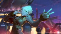 Rule 34 | 1girl, aloner, blonde hair, chaos code, city, double w, green eyes, grin, lupinus (chaos code), mechanical arms, night, science fiction, short hair, single mechanical arm, smile, w