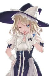 Rule 34 | &gt;:), 1girl, :p, ;), akanbe, black bow, black hat, black ribbon, blonde hair, blue bow, blue eyes, blue ribbon, bow, braid, center frills, commentary request, cowboy shot, dress, eyelid pull, frills, hair between eyes, hair bow, hand on own hip, hand up, hat, hat bow, highres, index finger raised, kirisame marisa, looking at viewer, oborofu, one eye closed, puffy short sleeves, puffy sleeves, ribbon, short sleeves, simple background, single braid, smile, solo, standing, tongue, tongue out, touhou, v-shaped eyebrows, white background, white bow, white dress, witch hat, wrist cuffs