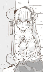 Rule 34 | 1girl, absurdres, alternate costume, belt, blouse, blush, breasts, bus stop, commentary, double bun, fletcher (kancolle), greyscale, hair between eyes, hair bun, hair ornament, hair over shoulder, hairband, highres, kantai collection, long hair, long sleeves, looking at viewer, monochrome, off shoulder, outdoors, poyo (hellmayuge), rain, shirt, signpost, sitting, skirt, smile, solo, star (symbol), star hair ornament, wet, wet clothes