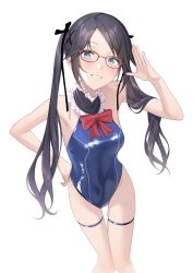 Rule 34 | 1girl, black hair, blue eyes, blue one-piece swimsuit, cosplay, cowboy shot, dead or alive, dead or alive 5, frilled swimsuit, frills, glasses, grin, highres, idolmaster, idolmaster shiny colors, kyuma (hisa hisa ma), looking at viewer, marie rose, marie rose (cosplay), marie rose (devilish servant against the splashing waves), mitsumine yuika, one-piece swimsuit, red-framed eyewear, salute, simple background, smile, solo, standing, swimsuit, twintails, white background
