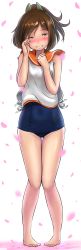 Rule 34 | 10s, 1girl, absurdres, ao iro, bare legs, barefoot, blush, brown eyes, brown hair, full body, glint, grin, hair ornament, hairclip, happy tears, highres, i-401 (kancolle), jewelry, kantai collection, knees together feet apart, long hair, looking at viewer, name tag, nose blush, one-piece swimsuit, one eye closed, petals, pigeon-toed, ponytail, ring, rubbing eyes, sailor collar, school swimsuit, school uniform, serafuku, shirt, sleeveless, sleeveless shirt, smile, solo, standing, swimsuit, swimsuit under clothes, tears, thigh gap, wedding band, wedding ring, wiping tears
