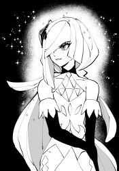 Rule 34 | 1girl, bad id, bad twitter id, bare shoulders, black gloves, collarbone, commentary request, creatures (company), dede (qwea 00000), dress, elbow gloves, eyelashes, game freak, gloves, grey eyes, greyscale, hair ornament, long hair, looking to the side, lusamine (pokemon), lusamine (sygna suit) (pokemon), monochrome, nintendo, official alternate costume, parted lips, pokemon, pokemon masters ex, smile, solo, sparkle, very long hair