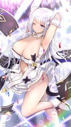 Rule 34 | 1girl, ;), armpits, arms up, azur lane, bare shoulders, blue eyes, blush, breasts, cleavage, dress, flight deck, gloves, hair ribbon, highres, idol, illustrious (azur lane), illustrious (muse) (azur lane), kitsune-neko, large breasts, leg up, long hair, looking at viewer, mole, mole under eye, one eye closed, pixiv username, ribbon, smile, solo, thighs, very long hair, white dress, white gloves, white hair
