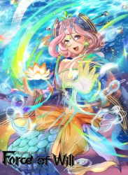 Rule 34 | 1girl, breasts, cleavage, company name, fish, flower, force of will, hair ornament, hair stick, horns, juri (metal666), long hair, mermaid, monster girl, navel, official art, open mouth, pink hair, purple eyes, solo, sparkle, teeth, underwater