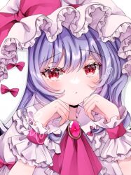 Rule 34 | 1girl, ascot, blush, closed mouth, hat, heart, jaku sono, looking at viewer, mob cap, pink ascot, purple hair, red eyes, remilia scarlet, short hair, solo, touhou, wrist cuffs