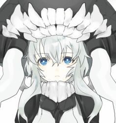 Rule 34 | 10s, 1girl, :o, abyssal ship, animated, animated gif, bad id, bad pixiv id, blindfold, blinking, blue eyes, bodysuit, cape, covered navel, emofuri, facing viewer, head tilt, kantai collection, long hair, looking at viewer, lowres, md5 mismatch, pale skin, silver hair, simple background, solo, tonizo, ugoira, white background, wo-class aircraft carrier