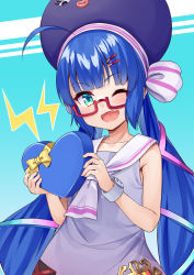 Rule 34 | 1girl, absurdres, ahoge, bare arms, blue eyes, blue hair, blunt bangs, blush, box, collar, commentary, eel hat, fang, glasses, hair ornament, hairclip, heart-shaped box, highres, holding, holding box, large hat, lightning bolt symbol, long hair, looking at viewer, neckerchief, one eye closed, open mouth, otomachi una, otomachi una (talkex), purple headwear, purple shirt, red-framed eyewear, sailor collar, semi-rimless eyewear, shirt, skin fang, sleeveless, sleeveless shirt, smile, solo, talkex, tenneko yuuri, twintails, valentine, very long hair, vocaloid, voiceroid, white collar, white neckerchief, wristband