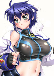 Rule 34 | 00s, 1girl, :&lt;, armor, black gloves, blush, breasts, covered erect nipples, crop top, faulds, fingerless gloves, gloves, green eyes, headband, impossible clothes, jacket, large breasts, long sleeves, looking to the side, lyrical nanoha, mahou shoujo lyrical nanoha strikers, midriff, navel, puffy sleeves, purple hair, sakura ryuuken, shiny clothes, short hair, simple background, solo, subaru nakajima, sweat, taut clothes, undressing, white background