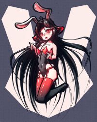 Rule 34 | absurdres, ahoge, animal ears, bare shoulders, black hair, black leotard, blush, breasts, floofsmear, fox ears, fox girl, full body, garter belt, garter straps, highres, jumping, leg up, leotard, long hair, looking at viewer, non-web source, open mouth, original, rabbit ears, rabbit tail, red eyes, red hair, self-upload, signature, simple background, small breasts, tail, thighhighs, thighs