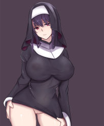 Rule 34 | 1girl, bad id, bad pixiv id, breasts, contrapposto, covered erect nipples, cowboy shot, curvy, dress, gongba laoge, habit, highres, impossible clothes, large breasts, looking at viewer, mole, mole under eye, no bra, no panties, nun, original, parted lips, purple eyes, purple hair, pussy, see-through, short dress, solo, standing, taut clothes, uncensored, wide hips