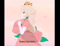 Rule 34 | 1girl, animated, animated gif, blinking, blonde hair, brooch, chocomiru, crown, dress, earrings, eyebrows, flower, from side, gloves, jewelry, long hair, mario (series), nintendo, open mouth, own hands together, petals, pink dress, princess, princess peach, rose, solo, super mario 64, tiara, white gloves