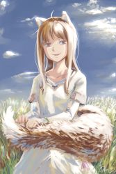 Rule 34 | 1girl, ahoge, animal ears, bracelet, collarbone, commentary, highres, holo, jewelry, long hair, omichi (gutteli), red hair, solo, spice and wolf, tail, tongue, tongue out, wheat, wheat field, wolf ears, wolf tail