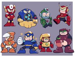 Rule 34 | 1278mkyp, 6+boys, air man, arm cannon, bubble man, clenched teeth, commentary request, covered mouth, crash man, crossed arms, drill, everyone, flash man, green eyes, heat man, helmet, highres, male focus, mega man (classic), mega man (series), mega man 2, metal man, multiple boys, no mouth, plant, quick man, robot, sitting, smile, sparkle, teeth, weapon, wood man