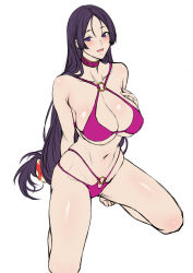 Rule 34 | 1girl, alternate costume, arm behind back, bikini, blush, breasts, choker, cleavage, commentary request, fate/grand order, fate (series), hand on own chest, kneeling, large breasts, long hair, low-tied long hair, low tied hair, minamoto no raikou (fate), navel, o-ring, o-ring bikini, open mouth, parted bangs, pink bikini, purple choker, purple eyes, purple hair, solo, swimsuit, thighs, very long hair, white background, zucchini