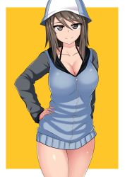 Rule 34 | 1girl, breasts, brown eyes, brown hair, cleavage, closed mouth, cowboy shot, girls und panzer, hat, highres, large breasts, mika (girls und panzer), simple background, smile, solo, standing, sweater, the only shoe, zipper