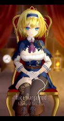 Rule 34 | 1girl, adapted costume, alice margatroid, asymmetrical legwear, black thighhighs, blonde hair, blue capelet, blue eyes, blue hairband, blue skirt, blurry, blurry background, breasts, capelet, chair, character name, cleavage, closed mouth, curtains, dai zu san, ear piercing, english text, floral print, gloves, hairband, hands on own thighs, highres, lantern, large breasts, letterboxed, necktie, piercing, purple necktie, short hair, sitting, skirt, smile, solo, thighhighs, touhou, white gloves