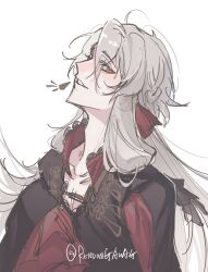Rule 34 | 1boy, androgynous, ankou (shuuen no virche), bishounen, black shirt, bow, braid, crown braid, facing to the side, grey hair, hair bow, highres, long hair, long sleeves, looking at viewer, male focus, multicolored shirt, parted lips, red bow, red eyes, red shirt, rendong06, shirt, shuuen no virche, sketch, smile, solo, teeth, twitter username, white background
