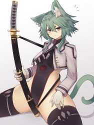 Rule 34 | 1girl, animal ear fluff, animal ears, breasts, cat ears, cat girl, cat tail, closed mouth, commentary request, cropped jacket, expressionless, gloves, green hair, hair between eyes, highres, holding, holding sword, holding weapon, katana, long sleeves, original, sheath, sheathed, short eyebrows, sidelocks, sitting, small breasts, solo, sword, tail, thighhighs, weapon, yonaga san