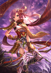 Rule 34 | 1girl, armor, arrow (projectile), backlighting, bow (weapon), breasts, brown gloves, cleavage, closed mouth, evening, floating hair, flower, gloves, hair flower, hair ornament, hair ribbon, highres, holding, holding arrow, holding bow (weapon), holding weapon, kudo kunugi, long hair, medium breasts, original, outdoors, pink hair, purple sky, red eyes, red flower, red ribbon, red scarf, ribbon, scarf, short shorts, shorts, shoulder armor, side ponytail, sky, smile, solo, star (sky), starry sky, thighhighs, weapon, white shorts, white thighhighs