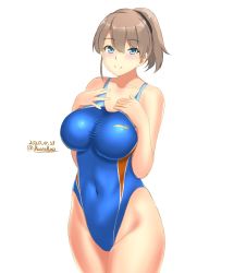 Rule 34 | 1girl, blue eyes, blue one-piece swimsuit, blush, borrowed design, breasts, brown hair, closed mouth, collarbone, competition swimsuit, covered navel, dated, hair between eyes, hands on own chest, highleg, highleg swimsuit, highres, holding, holding torpedo, impossible clothes, impossible swimsuit, intrepid (kancolle), kantai collection, large breasts, looking at viewer, montemasa, one-hour drawing challenge, one-piece swimsuit, ponytail, short hair, simple background, smile, solo, swimsuit, torpedo, twitter username, white background