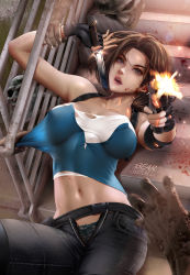 Rule 34 | 1girl, absurdres, artist name, bare arms, bare shoulders, bearwitch, belt, black belt, black panties, blue eyes, breasts, brown hair, cleavage, clothes pull, collarbone, commentary, denim, fingerless gloves, firing at viewer, gloves, gun, handgun, highres, holding, holding knife, jeans, jill valentine, knife, large breasts, looking at viewer, navel, open fly, panties, pants, resident evil, resident evil 3, resident evil 3: nemesis, resident evil 3 (remake), shirt, shirt pull, short hair, solo focus, torn clothes, torn shirt, underwear, weapon, white shirt, zombie