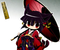 Rule 34 | 1girl, animal ears, black hair, black kimono, cat ears, cat girl, cat tail, closed mouth, coat, commentary request, flat chest, furisode, hair between eyes, highres, holding, holding umbrella, japanese clothes, kawachi yamato, kimono, long sleeves, looking at viewer, multiple tails, new year, no nose, oil-paper umbrella, open clothes, open coat, original, purple ribbon, red coat, red eyes, red umbrella, ribbon, short hair, smile, solo, star (symbol), star print, tail, two tails, umbrella