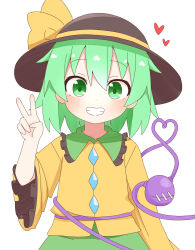 Rule 34 | 1girl, blouse, blush, brown hat, buttons, closed mouth, collared shirt, commentary request, crystal, frills, green eyes, green hair, green skirt, hair between eyes, hand up, hat, hat ribbon, heart, highres, jewelry, komeiji koishi, long sleeves, looking at viewer, nihohohi, ribbon, shirt, short hair, simple background, skirt, smile, solo, standing, teeth, third eye, touhou, v, white background, wide sleeves, yellow ribbon, yellow shirt