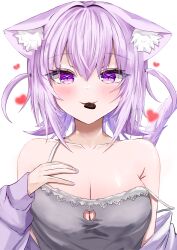 Rule 34 | 1girl, absurdres, animal ear fluff, animal ears, black camisole, blush, breasts, camisole, cat cutout, cat ears, cat girl, cat tail, chocolate, cleavage, cleavage cutout, clothing cutout, food in mouth, hand on own chest, heart, highres, hololive, jacket, large breasts, medium hair, mouth hold, nekomata okayu, nekomata okayu (membership), official alternate costume, purple eyes, purple hair, purple jacket, shiemika324, tail, two side up, virtual youtuber, white background