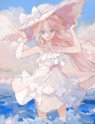 Rule 34 | 1girl, absurdres, bare arms, bird, blue eyes, blue sky, braid, choker, cloud, cloudy sky, collarbone, dappled sunlight, day, dress, eyelashes, flat chest, floating hair, foam, hair between eyes, hand on headwear, hands up, happy, hat, highres, ia (vocaloid), layered dress, lili (lili mioriririi), long hair, looking at viewer, muted color, open mouth, outdoors, pale color, pink ribbon, platinum blonde hair, ribbon, round teeth, scrunchie, shade, short dress, sky, solo, spaghetti strap, straw hat, sun hat, sundress, sunlight, tareme, teeth, thighs, upper teeth only, very long hair, vocaloid, water, waves, waving, white choker, white dress, white ribbon, white scrunchie, wrist scrunchie