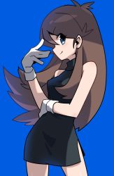 Rule 34 | 1girl, arm up, bare shoulders, black dress, blue background, blue eyes, breasts, brown eyes, brown hair, closed mouth, commentary request, cowboy shot, creatures (company), dress, eyebrows, eyes visible through hair, game freak, gloves, green (pokemon), hair between eyes, hand on own stomach, highres, legs, long hair, looking at viewer, mei mu, nintendo, no headwear, pokemon, pokemon adventures, short dress, sidelocks, simple background, sleeveless, sleeveless dress, small breasts, smile, solo, standing, very long hair, white gloves