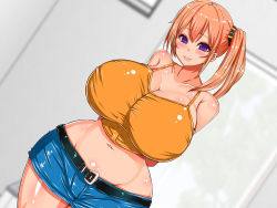 Rule 34 | 1girl, arms behind back, belt, blush, breasts, cleavage, collarbone, crop top, curvy, eight world, female focus, huge breasts, midriff, navel, orange hair, purple eyes, rindou junko, shiny skin, shorts, side ponytail, smile, solo, upper body, wide hips