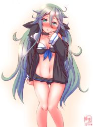 Rule 34 | 10s, 1girl, adapted costume, alternate costume, alternate hairstyle, bikini, black bikini, blush, breasts, choker, cleavage, collarbone, commentary request, dated, frilled bikini, frills, front-tie bikini top, front-tie top, green hair, hair ornament, hair ribbon, hairclip, highres, hood, hooded jacket, jacket, kanon (kurogane knights), kantai collection, long hair, looking at viewer, mismatched bikini, navel, parted lips, ribbon, simple background, sketch, solo, swimsuit, twintails, white background, yamakaze (kancolle)