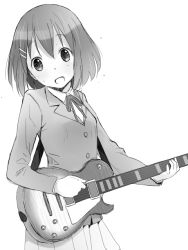 Rule 34 | 1girl, greyscale, guitar, hirasawa yui, instrument, k-on!, katatsuka kouji, monochrome, open mouth, school uniform, short hair, solo