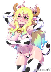 Rule 34 | 1girl, animal costume, animal ears, animal print, arms up, artist name, bare shoulders, bell, bikini, blonde hair, blood, blue hair, blush, breasts, cleavage, closed mouth, collar, cow costume, cow ears, cow print, cowbell, curvy, dragon girl, dragon horns, elbow gloves, fake animal ears, fingerless gloves, gloves, gradient hair, green eyes, green hair, horns, huge breasts, jewelry, kajin (kajinman), kobayashi-san chi no maidragon, long hair, looking at viewer, multicolored hair, navel, one eye closed, lucoa (maidragon), ring, smile, solo, standing, swimsuit, thighhighs, toes, white background, wide hips, yellow pupils
