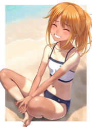 Rule 34 | 1girl, :d, ^ ^, bare arms, bare legs, bare shoulders, barefoot, beach, blonde hair, blue buruma, blush, border, breasts, buruma, closed eyes, collarbone, commentary request, day, feet, grin, highres, idolmaster, idolmaster cinderella girls, knees up, long hair, navel, nekopuchi, on ground, open mouth, outdoors, outside border, own hands together, ponytail, sand, sidelocks, sitting, small breasts, smile, solo, sports bra, sunlight, tan, tanline, teeth, toes, water, white border, yuuki haru