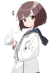 Rule 34 | 1girl, blue sailor collar, brown eyes, brown hair, closed mouth, cup, dress, grey neckerchief, hair between eyes, holding, holding cup, kantai collection, long sleeves, looking at viewer, mug, nassukun, neckerchief, sailor collar, sailor dress, short hair, simple background, solo, white background, white dress, yukikaze (kancolle), yukikaze kai ni (kancolle)